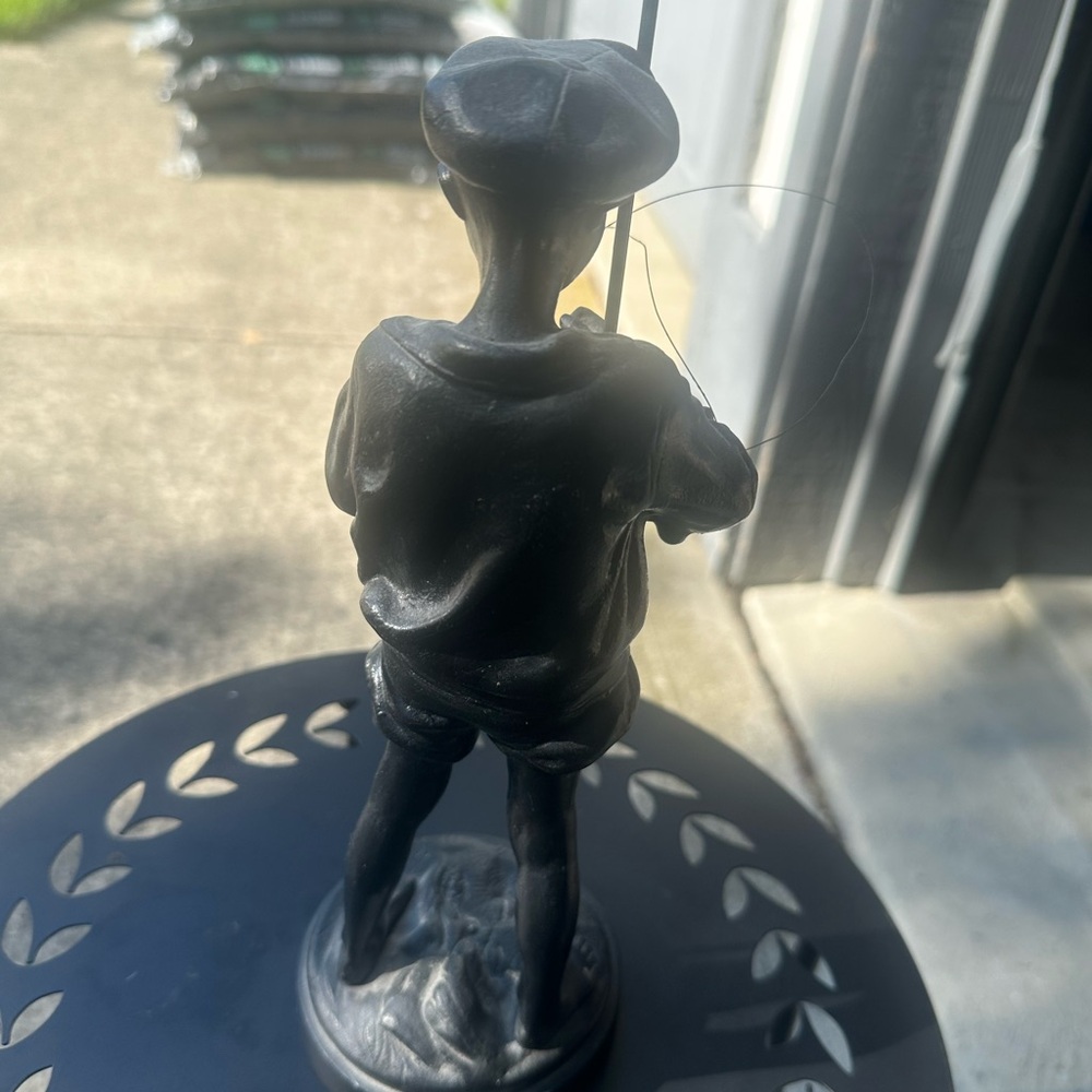 Black Cast Metal Fishing Boy Statue - Decorative Home Art - Picture 3 of 6